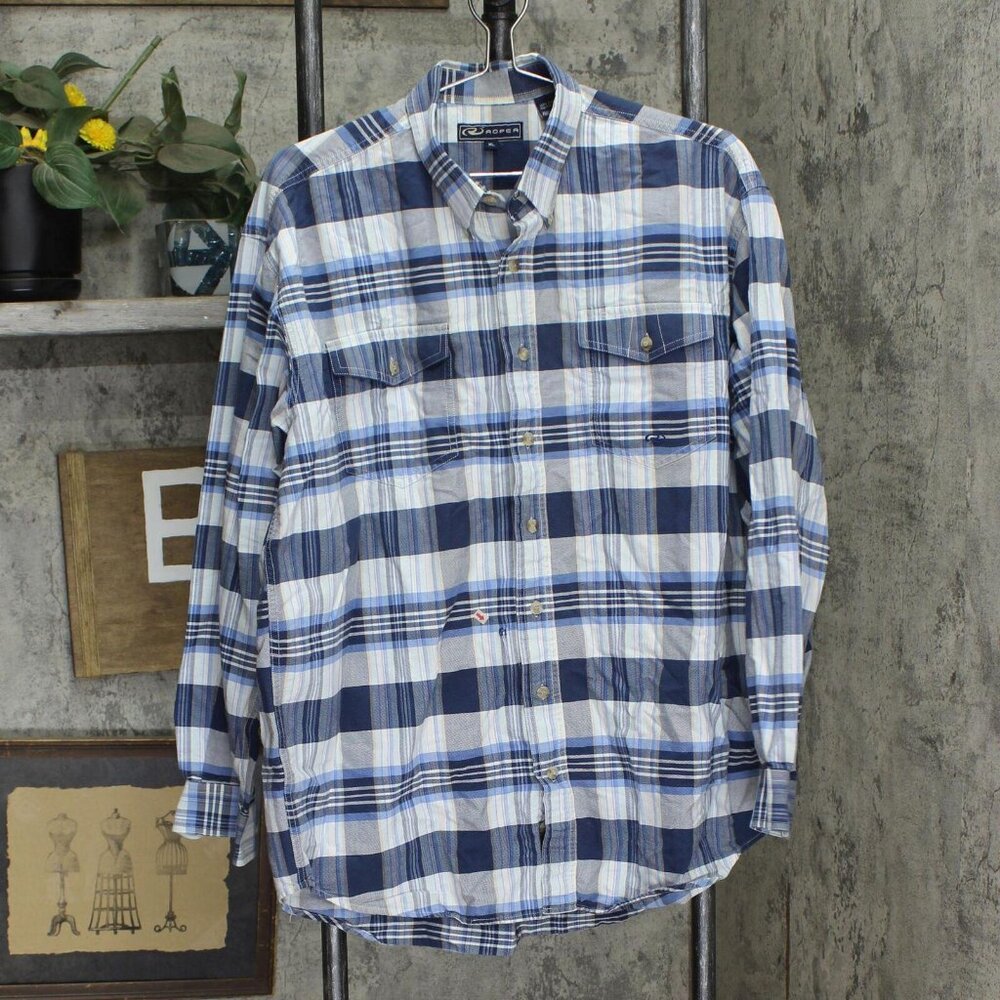 Roper Mens Button Up Long Sleeve Cotton Shirt 1672307d959845 Blue Plaid XL